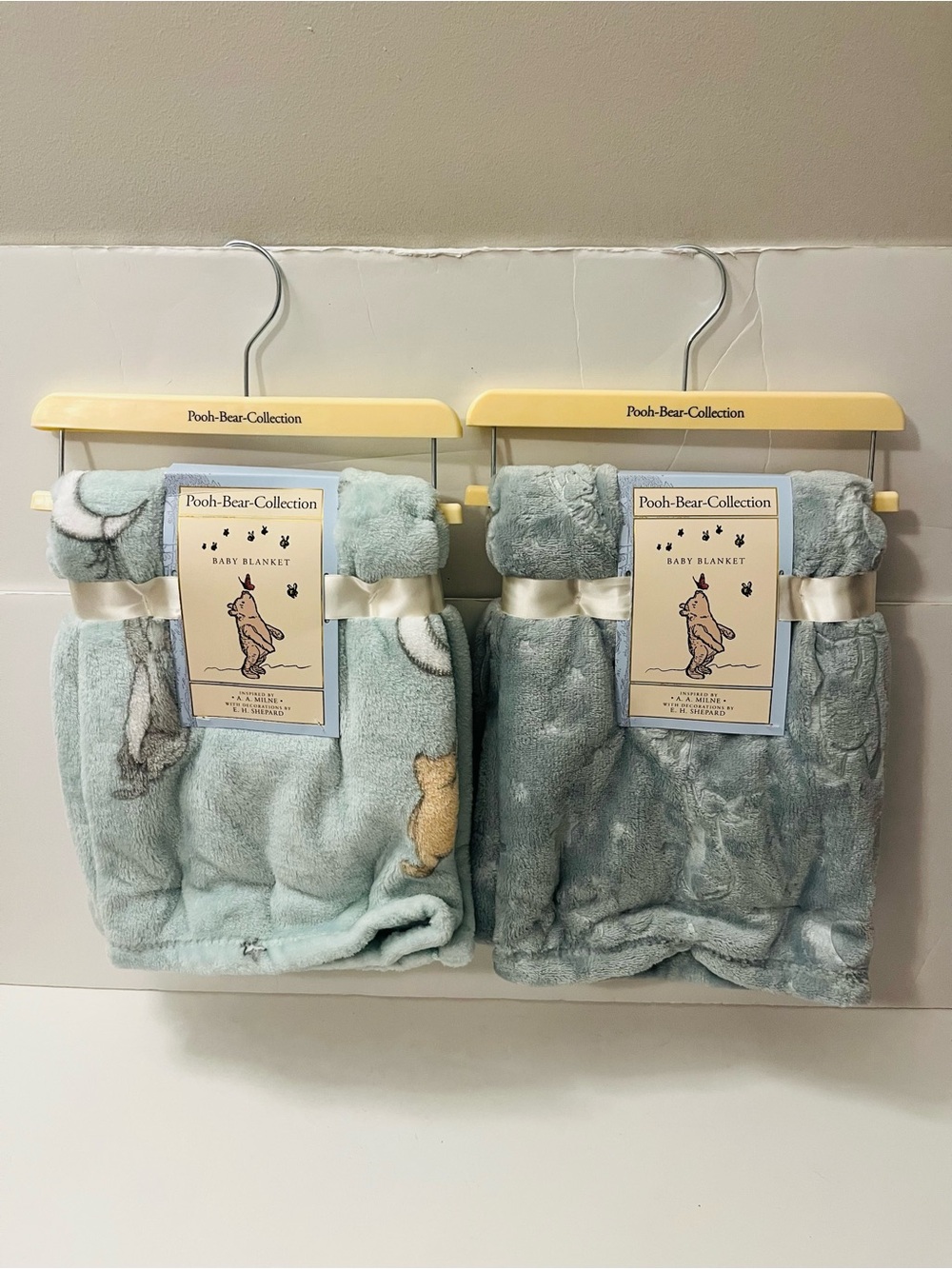 Winnie the Pooh Bear Collection Lot of 2 Blue Baby Blankets Moon Stars Embossed